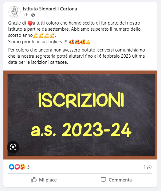 Facebook Ringraziamento iscrizioni 2023/24